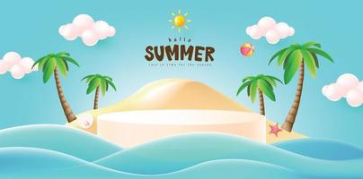 modelo de banner summerposter para promoção com forma cilíndrica de exibição de produto e fundo de praia vetor