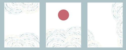 conjunto de desenhos de pôsteres vintage de ondas de oceano japonesas fluidas. fundo abstrato de paisagem de sol nascente vermelho para folheto de marketing vetor