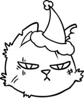 desenho de linha de uma cara de gato duro usando chapéu de papai noel vetor