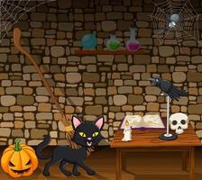 gato preto de desenho animado na casa das bruxas vetor