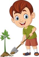 desenho animado menino bonitinho plantando uma planta vetor