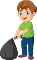 desenho animado garotinho segurando saco plástico preto vetor