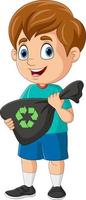 desenho animado garotinho segurando lixo plástico vetor