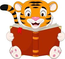 tigre de desenho animado lendo um livro vetor