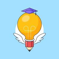 lápis de lâmpada de lâmpada de cabeça grande voando com ilustração vetorial de chapéu de asa e toga para design de conceito visual de educação inteligente vetor