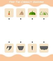 encontre as sombras corretas dos vegetais dos desenhos animados. jogo de busca e correspondência. jogo educativo para crianças e bebês da pré-escola vetor