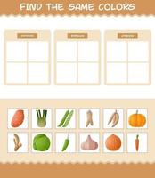 encontrar as mesmas cores de vegetais. jogo de busca e correspondência. jogo educativo para crianças e bebês da pré-escola vetor