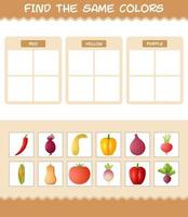 encontrar as mesmas cores de vegetais. jogo de busca e correspondência. jogo educativo para crianças e bebês da pré-escola vetor