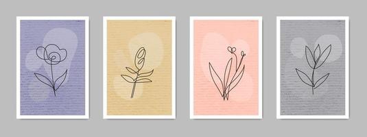 conjunto de cartazes contemporâneos abstratos coloridos com flores de uma linha isoladas em fundo cinza. cartazes minimalistas na moda simples. vetor
