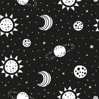 padrão sem emenda de espaço preto e branco com doodle sol, lua, estrelas e planetas. vetor