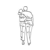arte de linha vista traseira de comprimento total de casal andando ilustração vetorial mão desenhada isolada no fundo branco vetor