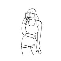 jovem mulher com smartphone tomando selfie de espelho na mão de ilustração vetorial de ginásio desenhada isolada na arte de linha de fundo branco. vetor