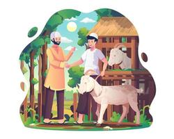 os muçulmanos estão comprando animais de sacrifício de fazendeiros para celebrar o eid al adha. duas pessoas apertam as mãos de acordo depois de comprar uma cabra. ilustração vetorial em estilo simples