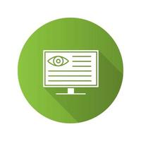 ícone de glifo de sombra longa de design plano de computador diagnóstico de olho. exame de visão. ilustração em vetor silhueta