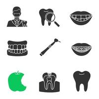 conjunto de ícones de glifo de odontologia. estomatologia. dentista, verificação de dentes, dentadura, dente ausente, broca dental, aparelho, maçã mordida, cárie, molar saudável. símbolos de silhueta. ilustração vetorial isolada vetor