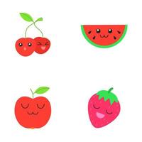 frutas bonito kawaii design plano conjunto de caracteres de sombra longa. cereja, melancia, maçã, morango com rostos sorridentes. emoji engraçado, emoticon, sorriso. ilustração em vetor silhueta isolada