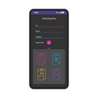 e-mail enviando modelo de vetor de interface de smartphone. layout de design preto da página do aplicativo móvel. anexando arquivos, tela de mídia. interface do usuário plana para aplicação. compartilhamento de anexos online, adicionando. visor do telefone