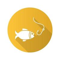 ícone de glifo de sombra longa de design plano de peixe e anzol. pescaria. ilustração em vetor silhueta