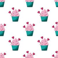 padrão de cupcake sem costura com creme rosa e doces em forma de coração. ilustração vetorial em um fundo branco vetor