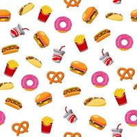 padrão perfeito de fast food, hambúrguer, cachorro-quente, batatas fritas. ilustração vetorial em um fundo branco