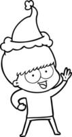 desenho de linha feliz de um menino usando chapéu de papai noel vetor