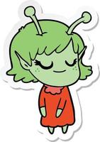 adesivo de um desenho animado de garota alienígena sorridente vetor