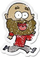 adesivo angustiado de um homem feliz louco de desenho animado com barba correndo vetor