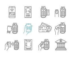 Conjunto de ícones lineares de pagamento nfc. dinheiro eletrônico. pagamentos sem dinheiro e sem contato. compra digital. acesso a operações bancárias via Internet. símbolos de contorno de linha fina. ilustrações de contorno de vetor isolado. traço editável