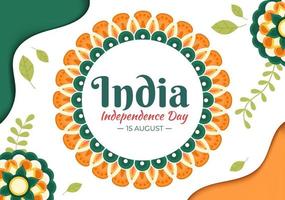 feliz dia da independência indiana que é comemorado todo mês de agosto com bandeiras, personagens de pessoas e rodas ashoka na ilustração do estilo cartoon vetor