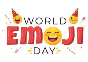 celebração do dia mundial do emoji com eventos e lançamentos de produtos em forma de desenho bonito de expressão facial diferente em ilustração de fundo plano vetor