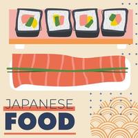 sushi e pedaço de carne de peixe com título de comida japonesa vetor