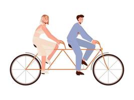 bicicleta dupla com os noivos. casal anda de bicicleta. ilustração vetorial vetor