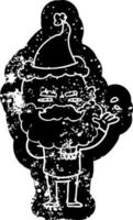 ícone angustiado dos desenhos animados de um homem desdenhoso com barba franzindo a testa usando chapéu de papai noel vetor