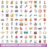 Conjunto de 100 ícones de acessórios bonitos, estilo cartoon vetor