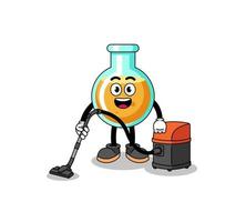 personagem mascote de copos de laboratório segurando aspirador de pó vetor