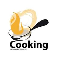 logotipo vintage retrô cozinheiro quente ferro fundido velho wok rústico com fogo para design de logotipo de cozinha de restaurante de comida tradicional vetor