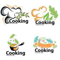 logotipo de cozinha conjunto com chapéu de chef, panela, moedor de farinha e legumes. ideia de símbolo divertido com materiais coloridos. ícone de vetor. vetor