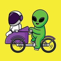 bonito alienígena e astronauta montando pedicap bicicleta dos desenhos animados ilustração vetorial ícone. conceito de ícone de transporte científico vetor premium isolado