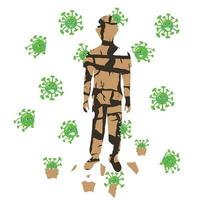 a silhueta de um homem rachado em pedaços e é destruída sob a influência de microorganismos, coronavírus. ilustração em vetor estoque isolado no fundo branco.