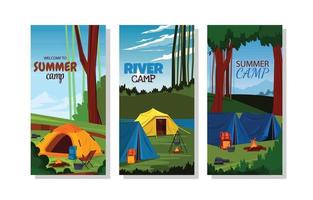 modelo de cartão de férias de natureza de barraca de acampamento de horário de verão vetor