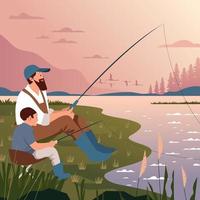 pai e filho pescando juntos vetor