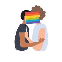 dois meninos se beijam por uma bandeira lgbt. mês do orgulho. pessoas homossexuais. ilustração vetorial isolada no fundo branco.