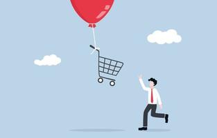 inflação afeta o poder de compra, os preços dos produtos aumentam incomumente conceito. consumidor empresário tentando pegar carrinho de compras que está voando para o céu por balão de inflação.
