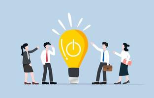criatividade ou ideia para iniciar novos negócios ou construir uma empresa de inicialização, brainstorming de pessoas com alto poder de pensamento para criar um novo conceito de inovação. pessoas se reunindo para a lâmpada de ideia de inicialização. vetor