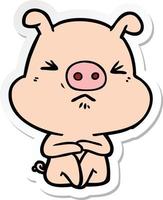 adesivo de um porco bravo de desenho animado sentado esperando vetor