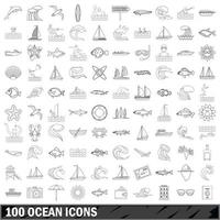 conjunto de 100 ícones do oceano, estilo de contorno vetor