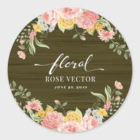 linda flor rosa e folha botânica na etiqueta de madeira círculo ilustração digital pintada para amor casamento dia dos namorados ou arranjo convite design cartão de saudação vetor