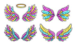 coleção de adesivos de asas mágicas no estilo de quadrinhos de arte pop da juventude dos anos 80-90. asas de anjo espalhadas e elemento de remendo na moda halo.retro inspirado em desenhos antigos ilustração vetorial isolada em branco vetor