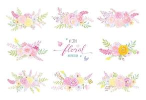 ilustração pintada à mão em aquarela linda flor rosa folha botânica e coleção de borboletas para amor casamento dia dos namorados ou arranjo convite design cartão de saudação vetor