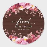 linda flor rosa e folha botânica na etiqueta de madeira círculo ilustração digital pintada para amor casamento dia dos namorados ou arranjo convite design cartão de saudação vetor